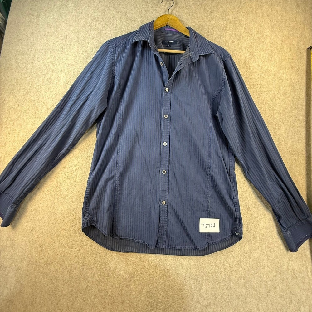 Ted Baker London Mens Navy Blue Black Striped Long Sleeve Button Down Shirt Sz 4